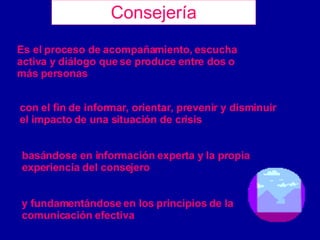 Consejería Es el proceso de acompañamiento, escucha activa y diálogo que se produce entre dos o más personas con el fin de informar, orientar, prevenir y disminuir el impacto de una situación de crisis basándose en información experta y la propia  experiencia del consejero y fundamentándose en los principios de la  comunicación efectiva 