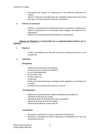 l Entorno de Trabajo


              -   Interesarse por mejorar la comunicación en las distintas situaciones de
                  trabajo.
              -   Valorar la importancia de desarrollar las cualidades comunicativas como medio
                  para lograr un mayor bienestar personal y profesional.

   3.      Criterios de evaluación:

              -   Clasificar y caracterizar las distintas barreras en un proceso de comunicación.
              -   Deducir la importancia de la comunicación para conseguir los objetivos de la
                  organización.
              -   Identificar los mecanismos distorsionadores de la percepción.



     UNIDAD DE TRABAJO 5: UTILIZACIÓN DE LA COMUNICACIÓN ESCRITA EN LA
EMPRESA.

   1.      Objetivos:

              -   Utilizar correctamente las distintas formas de comunicación escrita en una
                  organización.

   2.      Contenidos:

           Conceptuales:

              -   Utilización de la escritura en la empresa.
              -   Directrices para la redacción formularia.
              -   La carta de presentación.
              -   El currículum vitae.
              -   La carta comercial.
              -   La instancia.
              -   Producción de documentos que contengan tareas asignadas a los miembros de
                  un equipo.
              -   Utilización de la comunicación receptiva. La lectura.

           Procedimentales:

              -   Redacción de documentos para resolver problemas relacionados con
                  diferentes situaciones de trabajo.
              -   Diferenciación de las distintas partes de un documento.
              -   Aplicación de técnicas de lectura rápida.
              -   Síntesis de las ideas de un texto escrito.



           Actitudinales:

              -   Curiosidad e interés hacia la lectura como medio de formación.
              -   Reconocer la necesidad de cuidar la redacción y la presentación en todo tipo
                  de documento escrito.


Antonio González García                       13
Carmen Blanco Martínez
 