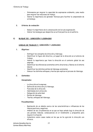 l Entorno de Trabajo


               -   Interesarse por mejorar la capacidad de expresarse oralmente, como medio
                   para mejorar las relaciones de trabajo.
               -   Valorar la importancia de aprender técnicas para facilitar la comprensión de
                   un mensaje.



     3.     Criterios de evaluación:

               -   Deducir la importancia de la comunicación oral en una organización.
               -   Valorar los mensajes que despiertan un actitud positiva en el auditorio.



C)        BLOQUE III : DIRECCIÓN Y LIDERAZGO



          UNIDAD DE TRABAJO 7: DIRECCIÓN Y LIDERAZGO.

     1.     Objetivos:

               -   Distinguir los conceptos de dirección y liderazgo.
               -   Identificar la figura del directivo y el papel de la dirección en el entorno de
                   trabajo.
               -   Valorar la importancia que tiene la dirección en el contexto global de una
                   empresa.
               -   Identificar las diferencias existentes entre directores y líderes en el entorno
                   laboral.
               -   Identificar los distintos estilos de liderazgo existentes.
               -   Conocer los distintos enfoques y teorías que explican el proceso de liderazgo.

     2.     Contenidos:

            Conceptuales:

               -   La dirección en la empresa.
               -   Definición de dirección y/o liderazgo.
               -   Funciones de la dirección.
               -   Habilidades de la dirección.
               -   Delegación de autoridad.
               -   Estilos de liderazgo
               -   Teorías, enfoques del liderazgo.

            Procedimentales:

               -   Realización de un debate acerca de las características e influencias de los
                   líderes positivos y negativos.
               -   Análisis de las circunstancias en as que se haya estado bajo la dirección de
                   una persona indecisa; consecuencias en el rendimiento y propuestas para
                   mejorar la situación.
               -   Comentario sobre casos reales en los que se ha ejercido la dirección con
                   eficacia.

Antonio González García                        15
Carmen Blanco Martínez
 