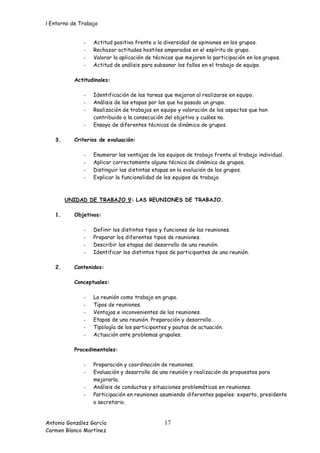 l Entorno de Trabajo


              -   Actitud positiva frente a la diversidad de opiniones en los grupos.
              -   Rechazar actitudes hostiles amparadas en el espíritu de grupo.
              -   Valorar la aplicación de técnicas que mejoren la participación en los grupos.
              -   Actitud de análisis para subsanar los fallos en el trabajo de equipo.

           Actitudinales:

              -   Identificación de las tareas que mejoran al realizarse en equipo.
              -   Análisis de las etapas por las que ha pasado un grupo.
              -   Realización de trabajos en equipo y valoración de los aspectos que han
                  contribuido a la consecución del objetivo y cuáles no.
              -   Ensayo de diferentes técnicas de dinámica de grupos.

   3.      Criterios de evaluación:

              -   Enumerar las ventajas de los equipos de trabajo frente al trabajo individual.
              -   Aplicar correctamente alguna técnica de dinámica de grupos.
              -   Distinguir las distintas etapas en la evolución de los grupos.
              -   Explicar la funcionalidad de los equipos de trabajo.



        UNIDAD DE TRABAJO 9: LAS REUNIONES DE TRABAJO.

   1.      Objetivos:

              -   Definir los distintos tipos y funciones de las reuniones.
              -   Preparar los diferentes tipos de reuniones.
              -   Describir las etapas del desarrollo de una reunión.
              -   Identificar los distintos tipos de participantes de una reunión.

   2.      Contenidos:

           Conceptuales:

              -   La reunión como trabajo en grupo.
              -   Tipos de reuniones.
              -   Ventajas e inconvenientes de las reuniones.
              -   Etapas de una reunión. Preparación y desarrollo.
              -   Tipología de los participantes y pautas de actuación.
              -   Actuación ante problemas grupales.

           Procedimentales:

              -   Preparación y coordinación de reuniones.
              -   Evaluación y desarrollo de una reunión y realización de propuestas para
                  mejorarla.
              -   Análisis de conductas y situaciones problemáticas en reuniones.
              -   Participación en reuniones asumiendo diferentes papeles: experto, presidente
                  o secretario.


Antonio González García                        17
Carmen Blanco Martínez
 