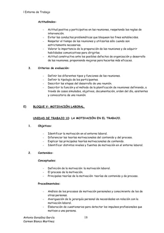 l Entorno de Trabajo


            Actitudinales:

               -   Actitud positiva y participativa en las reuniones, respetando las reglas de
                   intervención.
               -   Evitar las conductas problemáticas que bloquean los fines establecidos.
               -   Respetar el tiempo de las reuniones y utilizarlas sólo cuando son
                   estrictamente necesarias.
               -   Valorar la importancia de la preparación de las reuniones y de adquirir
                   habilidades comunicativas para dirigirlas.
               -   Actitud constructiva ante los posibles defectos de organización y desarrollo
                   de las reuniones, proponiendo mejoras para hacerlas más eficaces.

     3.     Criterios de evaluación:

               -   Definir los diferentes tipos y funciones de las reuniones.
               -   Definir la tipología de los participantes.
               -   Describir las etapas del desarrollo de una reunión.
               -   Describir la función y el método de la planificación de reuniones definiendo, a
                   través de casos simulados, objetivos, documentación, orden del día, asistentes
                   y convocatoria de una reunión.



E)        BLOQUE V: MOTIVACIÓN LABORAL.



          UNIDAD DE TRABAJO 10: LA MOTIVACIÓN EN EL TRABAJO.

     1.     Objetivos:

               -   Identificar la motivación en el entorno laboral.
               -   Diferenciar las teorías motivacionales del contenido y del proceso.
               -   Explicar las principales teorías motivacionales de contenido.
               -   Identificar distintos niveles y fuentes de motivación en el entorno laboral.

     2.     Contenidos:

            Conceptuales:

               -   Definición de la motivación: la motivación laboral.
               -   El proceso de la motivación.
               -   Principales teorías de la motivación: teorías de contenido y de proceso.

            Procedimentales:

               -   Análisis de los procesos de motivación personales y conocimiento de los de
                   otras personas.
               -   Averiguación de la jerarquía personal de necesidades en relación con la
                   motivación laboral.
               -   Elaboración de cuestionarios para detectar los impulsos profesionales que
                   motivan a una persona.

Antonio González García                         18
Carmen Blanco Martínez
 