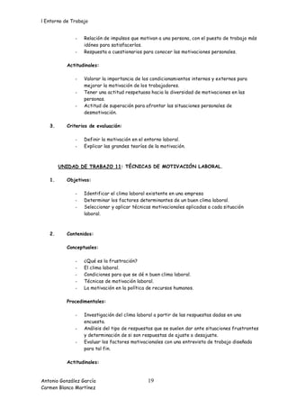 l Entorno de Trabajo


              -   Relación de impulsos que motivan a una persona, con el puesto de trabajo más
                  idóneo para satisfacerlos.
              -   Respuesta a cuestionarios para conocer las motivaciones personales.

           Actitudinales:

              -   Valorar la importancia de los condicionamientos internos y externos para
                  mejorar la motivación de los trabajadores.
              -   Tener una actitud respetuosa hacia la diversidad de motivaciones en las
                  personas.
              -   Actitud de superación para afrontar las situaciones personales de
                  desmotivación.

   3.      Criterios de evaluación:

              -   Definir la motivación en el entorno laboral.
              -   Explicar las grandes teorías de la motivación.



        UNIDAD DE TRABAJO 11: TÉCNICAS DE MOTIVACIÓN LABORAL.

   1.      Objetivos:

              -   Identificar el clima laboral existente en una empresa
              -   Determinar los factores determinantes de un buen clima laboral.
              -   Seleccionar y aplicar técnicas motivacionales aplicadas a cada situación
                  laboral.



   2.      Contenidos:

           Conceptuales:

              -   ¿Qué es la frustración?
              -   El clima laboral.
              -   Condiciones para que se dé n buen clima laboral.
              -   Técnicas de motivación laboral.
              -   La motivación en la política de recursos humanos.

           Procedimentales:

              -   Investigación del clima laboral a partir de las respuestas dadas en una
                  encuesta.
              -   Análisis del tipo de respuestas que se suelen dar ante situaciones frustrantes
                  y determinación de si son respuestas de ajuste o desajuste.
              -   Evaluar los factores motivacionales con una entrevista de trabajo diseñada
                  para tal fin.

           Actitudinales:


Antonio González García                        19
Carmen Blanco Martínez
 