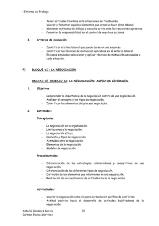 l Entorno de Trabajo


               -   Tener actitudes flexibles ante situaciones de frustración.
               -   Valorar y fomentar aquellos elementos que crean un buen clima laboral.
               -   Mantener actitudes de diálogo y escucha activa ante las reacciones agresivas.
               -   Fomentar la responsabilidad en el control de nuestras acciones.

     3.     Criterios de evaluación:

               -   Identificar el clima laboral que puede darse en una empresa.
               -   Identificar las técnicas de motivación aplicables en el entorno laboral.
               -   En casos simulados seleccionar y aplicar técnicas de motivación adecuadas a
                   cada situación.



F)        BLOQUE VI : LA NEGOCIACIÓN



          UNIDAD DE TRABAJO 12: LA NEGOCIACIÓN: ASPECTOS GENERALES.

     1.     Objetivos:

               -   Comprender la importancia de la negociación dentro de una organización.
               -   Analizar el concepto y los tipos de negociación.
               -   Identificar los elementos del proceso negociador.

     2.     Contenidos:

            Conceptuales:

               -   La negociación en la organización.
               -   Limitaciones a la negociación.
               -   La negociación eficaz.
               -   Concepto y tipos de negociación.
               -   Actitudes ante la negociación.
               -   Elementos de la negociación.
               -   Modelos de negociación.

            Procedimentales:

               -   Diferenciación de las estrategias colaboradoras y competitivas en una
                   negociación.
               -   Diferenciación de los diferentes tipos de negociación.
               -   Distinción de los elementos que intervienen en una negociación.
               -   Realización de un cuestionario de actitudes hacia la negociación.



            Actitudinales:

               -   Valorar la negociación como vía para la resolución pacífica de conflictos.
               -   Actitud positiva hacia el desarrollo de actitudes facilitadoras de la
                   negociación.

Antonio González García                         20
Carmen Blanco Martínez
 