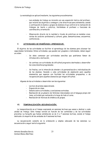 l Entorno de Trabajo



         La metodología se aplicará mediante, los siguientes procedimientos:

                -   Las unidades de trabajo se iniciarán con una exposición teórica del profesor,
                    que incluirá los objetivos a conseguir y las directrices para obtenerlos, siendo
                    a continuación el alumno o grupos de alumnos el eje central en la realización de
                    trabajos de teoría o práctica, limitándose el profesor a funciones de
                    coordinación y orientación.

                -   Observación directa de la realidad a través de prácticas en modelos vivos,
                    visitas de carácter profesional y cultural, galas, demostraciones, encuentros,
                    conferencias…


   V.        ACTIVIDADES DE ENSEÑANZA-APRENDIZAJE.

    El objetivo de las actividades es facilitar el aprendizaje de los alumnos para alcanzar las
capacidades terminales. Estas actividades, que pueden ser grupales e individuales, deben seguir
un orden:
               - Se debe comenzar por actividades sencillas que podríamos llamar de
                   introducción o motivación.

                -   Se continua con actividades de dificultad progresiva destinadas a desarrollar
                    los conocimientos programados.

                -   Se finaliza, con la intención de atender a la personalización e individualización
                    de los alumnos, llevando a cabo actividades de ampliación para aquellos
                    alumnos/as que superen con facilidad las actividades propuestas, o de
                    recuperación para aquellos alumos/as que tengan dificultad.

         Algunas de las actividades a desarrollar son las siguientes:

                -   Lectura de prensa especializada.
                -   Exposición en clase.
                -   Debate sobre actividades y conclusiones extraidas.
                -   Realización de un glosario de términos relacionados con el lenguaje propio del
                    tema, actividad que realizarán a lo largo de todo el curso.
                -   Realización de técnicas de dinámica de grupos.



   VI.       TEMPORALIZACIÓN-SECUENCIACIÓN.

    La temporalización es el tiempo expresado en sesiones lectivas que vamos a dedicar a cada
unidad de trabajo. Este tiempo variará en función de los contenidos y de las actividades
previstas. La horquilla que hemos establecido es de 3 a 7 sesiones lectivas, siendo el tiempo
dedicado a la mayoría de las unidades de 4 sesiones lectivas.

   La secuenciación consiste en la ordenación y empleo adecuado de las sesiones. La
secuenciación a seguir sería la siguiente:




Antonio González García                           25
Carmen Blanco Martínez
 