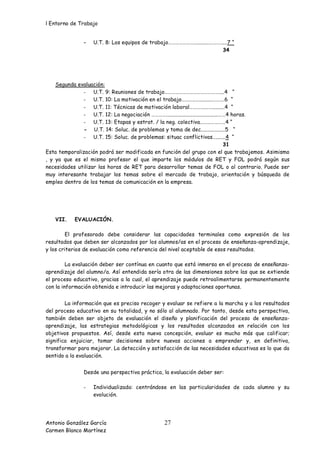 l Entorno de Trabajo


               -   U.T. 8: Los equipos de trabajo…………………............……….....7 “
                                                                         34




    Segunda evaluación:
               - U.T. 9: Reuniones de trabajo………………………………………....4 “
               - U.T. 10: La motivación en el trabajo………..…..........……….6 “
               - U.T. 11: Técnicas de motivación laboral………….…….........4 “
               - U.T. 12: La negociación ………….......................................……4 horas.
               - U.T. 13: Etapas y estrat. / la neg. colectiva…………………4 “
               - U.T. 14: Soluc. de problemas y toma de dec..................5 “
               - U.T. 15: Soluc. de problemas: situac conflictivas….......4 “
                                                                                     31
Esta temporalización podrá ser modificada en función del grupo con el que trabajemos. Asimismo
, y ya que es el mismo profesor el que imparte los módulos de RET y FOL podrá según sus
necesidades utilizar las horas de RET para desarrollar temas de FOL o al contrario. Puede ser
muy interesante trabajar los temas sobre el mercado de trabajo, orientación y búsqueda de
empleo dentro de los temas de comunicación en la empresa.




   VII.    EVALUACIÓN.

        El profesorado debe considerar las capacidades terminales como expresión de los
resultados que deben ser alcanzados por los alumnos/as en el proceso de enseñanza-aprendizaje,
y los criterios de evaluación como referencia del nivel aceptable de esos resultados.

         La evaluación deber ser contínua en cuanto que está inmersa en el proceso de enseñanza-
aprendizaje del alumno/a. Así entendida sería otra de las dimensiones sobre las que se extiende
el proceso educativo, gracias a la cual, el aprendizaje puede retroalimentarse permanentemente
con la información obtenida e introducir las mejoras y adaptaciones oportunas.


        La información que es preciso recoger y evaluar se refiere a la marcha y a los resultados
del proceso educativo en su totalidad, y no sólo al alumnado. Por tanto, desde esta perspectiva,
también deben ser objeto de evaluación el diseño y planificación del proceso de enseñanza-
aprendizaje, las estrategias metodológicas y los resultados alcanzados en relación con los
objetivos propuestos. Así, desde esta nueva concepción, evaluar es mucho más que calificar;
significa enjuiciar, tomar decisiones sobre nuevas acciones a emprender y, en definitiva,
transformar para mejorar. La detección y satisfacción de las necesidades educativas es lo que da
sentido a la evaluación.


               Desde una perspectiva práctica, la evaluación deber ser:

               -   Individualizada: centrándose en las particularidades de cada alumno y su
                   evolución.




Antonio González García                          27
Carmen Blanco Martínez
 