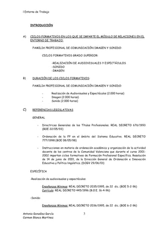 l Entorno de Trabajo



     INTRODUCCIÓN



A)   CICLOS FORMATIVOS EN LOS QUE SE IMPARTE EL MÓDULO DE RELACIONES EN EL
     ENTORNO DE TRABAJO:

       FAMILIA PROFESIONAL DE COMUNICACIÓN IMAGEN Y SONIDO:

                CICLOS FORMATIVOS GRADO SUPERIOR:

                       -REALIZACIÓN DE AUDIOVISUALES Y ESPECTÁCULOS
                       -SONIDO
                       -IMAGEN

B)     DURACIÓN DE LOS CICLOS FORMATIVOS:

       FAMILIA PROFESIONAL DE COMUNICACIÓN IMAGEN Y SONIDO:

                -      Realización de Audiovisuales y Espectáculos (2.000 horas)
                -      Imagen (2.000 horas)
                -      Sonido (2.000 horas)


C)     REFERENCIAS LEGISLATIVAS

       GENERAL

           -    Directrices Generales de los Títulos Profesionales. REAL DECRETO 676/1993
                (BOE 22/05/93)

           -    Ordenación de la FP en el ámbito del Sistema Educativo. REAL DECRETO
                777/1998 (BOE 08/05/98)

           -    Instrucciones en materia de ordenación académica y organización de la actividad
                docente de los centros de la Comunidad Valenciana que durante el curso 2001-
                2002 impartan ciclos formativos de Formación Profesional Específica. Resolución
                de 14 de junio de 2001, de la Dirección General de Ordenación e Innovación
                Educativa y Política lingüística. (DOGV 29/06/01)


     ESPECÍFICA

     -Realización de audiovisuales y espectáculos:

                Enseñanzas Mínimas: REAL DECRETO 2035/1995, de 22 dic. (BOE 5-2-96)
                Currículo: REAL DECRETO 445/1996 (B.O.E. 16-4-96)

     -Sonido:

                Enseñanzas Mínimas: REAL DECRETO 2036/1995, de 22 dic. (BOE 6-2-96)


Antonio González García                         3
Carmen Blanco Martínez
 