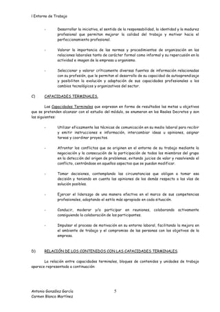 l Entorno de Trabajo


       -      Desarrollar la iniciativa, el sentido de la responsabilidad, la identidad y la madurez
              profesional que permitan mejorar la calidad del trabajo y motivar hacia el
              perfeccionamiento profesional.

       -      Valorar la importancia de las normas y procedimientos de organización en las
              relaciones laborales tanto de carácter formal como informal y su repercusión en la
              actividad e imagen de la empresa u organismo.

       -      Seleccionar y valorar críticamente diversas fuentes de información relacionadas
              con su profesión, que le permitan el desarrollo de su capacidad de autoaprendizaje
              y posibiliten la evolución y adaptación de sus capacidades profesionales a los
              cambios tecnológicos y organizativos del sector.

C)     CAPACIDADES TERMINALES.

        Las Capacidades Terminales que expresan en forma de resultados las metas u objetivos
que se pretenden alcanzar con el estudio del módulo, se enumeran en los Reales Decretos y son
las siguientes:

       -      Utilizar eficazmente las técnicas de comunicación en su medio laboral para recibir
              y emitir instrucciones e información, intercambiar ideas u opiniones, asignar
              tareas y coordinar proyectos.

       -      Afrontar los conflictos que se originen en el entorno de su trabajo mediante la
              negociación y la consecución de la participación de todos los miembros del grupo
              en la detección del origen de problemas, evitando juicios de valor y resolviendo el
              conflicto, centrándose en aquellos aspectos que se puedan modificar.

       -      Tomar decisiones, contemplando las circunstancias que obligan a tomar esa
              decisión y teniendo en cuenta las opiniones de los demás respecto a las vías de
              solución posibles.

       -      Ejercer el liderazgo de una manera efectiva en el marco de sus competencias
              profesionales, adoptando el estilo más apropiado en cada situación.

       -      Conducir, moderar y/o participar en reuniones, colaborando               activamente
              consiguiendo la colaboración de los participantes.

       -      Impulsar el proceso de motivación en su entorno laboral, facilitando la mejora en
              el ambiente de trabajo y el compromiso de las personas con los objetivos de la
              empresa.



D)     RELACIÓN DE LOS CONTENIDOS CON LAS CAPACIDADES TERMINALES.

       La relación entre capacidades terminales, bloques de contenidos y unidades de trabajo
aparece representada a continuación:




Antonio González García                         5
Carmen Blanco Martínez
 