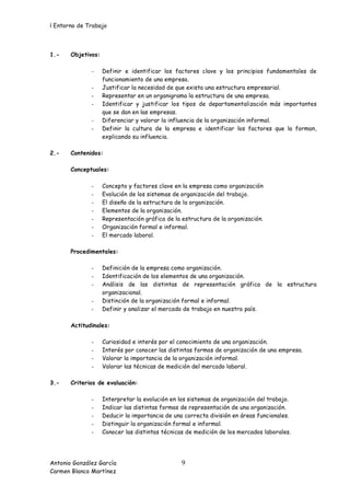 l Entorno de Trabajo



1.-    Objetivos:

              -     Definir e identificar los factores clave y los principios fundamentales de
                    funcionamiento de una empresa.
              -     Justificar la necesidad de que exista una estructura empresarial.
              -     Representar en un organigrama la estructura de una empresa.
              -     Identificar y justificar los tipos de departamentalización más importantes
                    que se dan en las empresas.
              -     Diferenciar y valorar la influencia de la organización informal.
              -     Definir la cultura de la empresa e identificar los factores que la forman,
                    explicando su influencia.

2.-    Contenidos:

       Conceptuales:

              -     Concepto y factores clave en la empresa como organización
              -     Evolución de los sistemas de organización del trabajo.
              -     El diseño de la estructura de la organización.
              -     Elementos de la organización.
              -     Representación gráfica de la estructura de la organización.
              -     Organización formal e informal.
              -     El mercado laboral.

       Procedimentales:

              -     Definición de la empresa como organización.
              -     Identificación de los elementos de una organización.
              -     Análisis de las distintas de representación gráfica de la estructura
                    organizacional.
              -     Distinción de la organización formal e informal.
              -     Definir y analizar el mercado de trabajo en nuestro país.

       Actitudinales:

              -     Curiosidad e interés por el conocimiento de una organización.
              -     Interés por conocer las distintas formas de organización de una empresa.
              -     Valorar la importancia de la organización informal.
              -     Valorar las técnicas de medición del mercado laboral.

3.-    Criterios de evaluación:

              -     Interpretar la evolución en los sistemas de organización del trabajo.
              -     Indicar las distintas formas de representación de una organización.
              -     Deducir la importancia de una correcta división en áreas funcionales.
              -     Distinguir la organización formal e informal.
              -     Conocer las distintas técnicas de medición de los mercados laborales.




Antonio González García                          9
Carmen Blanco Martínez
 