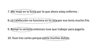 7. Me mojé en la lluvia por lo que ahora estoy enfermo . 
8. La calefacción no funciona en la casa por eso tenía mucho frío. 
9. Rompí la ventana entonces tuve que trabajar para pagarla. 
10 .Tuve tres caries porque como muchos dulces. 
 