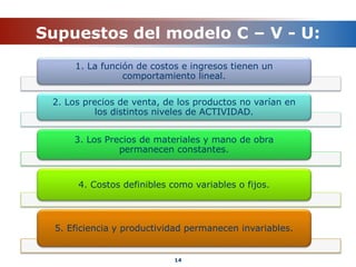 Supuestos del modelo C – V - U:
14
1. La función de costos e ingresos tienen un
comportamiento lineal.
2. Los precios de venta, de los productos no varían en
los distintos niveles de ACTIVIDAD.
3. Los Precios de materiales y mano de obra
permanecen constantes.
4. Costos definibles como variables o fijos.
5. Eficiencia y productividad permanecen invariables.
 
