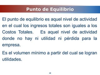 Punto de Equilibrio
El punto de equilibrio es aquel nivel de actividad
en el cual los ingresos totales son iguales a los
Costos Totales. Es aquel nivel de actividad
donde no hay ni utilidad ni pérdida para la
empresa.
Es el volumen mínimo a partir del cual se logran
utilidades.
18
 