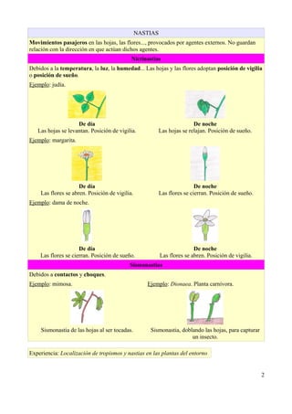 NASTIAS
Movimientos pasajeros en las hojas, las flores..., provocados por agentes externos. No guardan
relación con la dir...