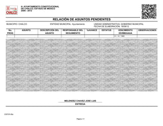 H. AYUNTAMIENTO CONSTITUCIONAL
DE CHALCO, ESTADO DE MÉXICO
2009 - 2012
RELACIÓN DE ASUNTOS PENDIENTES
MUNICIPIO: CHALCO ENTIDAD MUNICIPAL: Ayuntamiento UNIDAD ADMINISTRATIVA: GOBIERNO MUNICIPAL
FECHA DE ELABORACIÓN: 18/09/12
No.
PROG
ASUNTO DESCRIPCIÓN DEL
ASUNTO
RESPONSABLE DEL
SEGUIMIENTO
%AVANCE ESTATUS VENCIMIENTO
DD/MM/AAAA
OBSERVACIONES
1 - 31 / 12 / 1969
MELENDEZ CHAVEZ JOSE LUIS
ENTREGA
OSFER-06a
Página 1/1