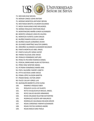 61    Estatal        CEN INMACULADA CONCEPCIÒN          MAZABEL LIVIAPOMA MALU YASMIN
62    Estatal        CEN JESUS NAZARENO CAUTIVO         GONZALES TULLUME ZAIRARAQUEL
63    Estatal        CEN JESUS NAZARENO CAUTIVO          CHAFLOQUE CHAVESTA DANITZA
64    Estatal   CEN JOSE ABELARDO QUIÑONES GONZALES       GARCA GALLARDO RUTH MARITA
65    Estatal   CEN JOSE ABELARDO QUIÑONES GONZALES           LOPEZ DURAND JOSE LUIS
66    Estatal   CEN JOSE ABELARDO QUIÑONES GONZALES        SANCHEZ IZQUIERDO MOISES
67    Estatal   CEN JOSE ABELARDO QUIÑONES GONZALES     ESPEJO JIMENEZ GRECIA GRICELT
68    Estatal   CEN JOSE ABELARDO QUIÑONES GONZALES       ALCANTARA CALDERON SHEYLA
69    Estatal      CEN JOSE ANTONIO GARCIA GARCIA            HUAMANCHUMO AZCARATE
70    Estatal      CEN JOSE ANTONIO GARCIA GARCIA         CUMPA LLUMPO EVELIN JHOANA
71    Estatal          CEN JOSE DOMINGO ATOCHE           AGURTO NUNTON ESMER ALEXIS
72    Estatal          CEN JOSE DOMINGO ATOCHE                ALAVA GASTELO SHARON
73    Estatal          CEN JOSE DOMINGO ATOCHE            MANCHAY ORTIZ JUAN ALFREDO
74    Estatal          CEN JOSE DOMINGO ATOCHE              BARBOZA HEREDIA CRISTIAN
75    Estatal          CEN JOSE DOMINGO ATOCHE           SANCHEZ LAOS HERNAN ANTONIO
76    Estatal          CEN JOSE LEONARDO ORTIZ                 VALDERA CUBAS KAREN
77    Estatal          CEN JOSE LEONARDO ORTIZ          BELLODAS SANDOVAL KEVIN SMITH
78    Estatal          CEN JOSE LEONARDO ORTIZ          LLANOS VILCHEZ JEIDY ESTEFANY
79    Estatal          CEN JOSE LEONARDO ORTIZ                 RUIZ TERAN HILDA MARIA
80    Estatal          CEN JOSE LEONARDO ORTIZ           GUTIERREZ CAMPOS KATHERINE
81    Estatal          CEN JOSE MARIA ARGUEDAS          HEREDIA VASQUEZ CINTHIA PAOLA
82    Estatal          CEN JOSE MARIA ARGUEDAS           MAXDEO MIMBELA JOSUE YSRAEL
83    Estatal          CEN JOSE MARIA ARGUEDAS           SANCHEZ GONZALES ALEXANDER
84    Estatal          CEN JOSE MARIA ARGUEDAS          SAAVEDRA CELIZ IVAN ALEXANDER
85    Estatal          CEN JOSE MARIA ARGUEDAS                 PUYEN RUBIO MILAGROS
86    Estatal          CEN JOSE MARIA ARGUEDAS            BARSALLO DELGADO LUIS DAVID
87    Estatal          CEN JOSE MARIA ARGUEDAS             OJEDA HURTADO KEILA ARELI
88    Estatal           CEN JUAN AURICH PASTOR             QUINTANA BALLONA ERICKSON
89    Estatal           CEN JUAN AURICH PASTOR             MAZA CISNEROS JEAN PIERRE
90    Estatal           CEN JUAN AURICH PASTOR              FIGUEROA ALVARADO RAYZA
91    Estatal           CEN JUAN AURICH PASTOR           ALVARADO SUYON JONATAN JAIR
92    Estatal           CEN JUAN AURICH PASTOR               PINZON VALVERDE MELVYS
93    Estatal         CEN JUAN MANUEL ITURREGUI           HUANATICO CHOMBO CHRISTIAN
94    Estatal         CEN JUAN MANUEL ITURREGUI            URQUIA MUSAYON JHONATAN
95    Estatal         CEN JUAN MANUEL ITURREGUI            CHAPOÑAN ADRIANZEN DAVID
96    Estatal         CEN JUAN MANUEL ITURREGUI         TEMOCHE DAMIAN REINA MARISOL
97    Estatal         CEN JUAN MANUEL ITURREGUI             BRIONES CORREA RODOLFO
98    Estatal         CEN JUAN MANUEL ITURREGUI          VIVANCO LORA HECTOR ANDRES
99    Estatal         CEN JUAN MANUEL ITURREGUI              PEREZ UCARIEGUE CARLOS
100   Estatal     CEN JUAN PABLO VIZCARDO Y GUZMAN           BRAVO INUMA JUNIOR LINO
101   Estatal     CEN JUAN PABLO VIZCARDO Y GUZMAN          CABANILLAS TAUMA YOSELIN
102   Estatal     CEN JUAN PABLO VIZCARDO Y GUZMAN            MONTALVAN CHERO JOSE
103   Estatal     CEN JUAN PABLO VIZCARDO Y GUZMAN        DAVILA CORDOVA LINDA AMBER
104   Estatal     CEN JUAN PABLO VIZCARDO Y GUZMAN           AGIP OBLITAS EYMA YUBEL
105   Estatal            CEN JUAN TOMIS STACK                 PERALTA MUÑOZ DARWIN
106   Estatal            CEN JUAN TOMIS STACK                  VASQUEZ ARTEAGA LUIS
107   Estatal         CEN JUAN VELASCO ALVARADO          AZULA BENAVIDEZ HEISER OMAR
108   Estatal         CEN JUAN VELASCO ALVARADO               CHAVIL CIGUEÑAS YANET
109   Estatal               CEN KARL WEISS              HUANAMBAL PACHERRES GRABIEL
110   Estatal               CEN KARL WEISS                 RIVERA MERA JESSICA KARINA
111   Estatal               CEN KARL WEISS              TORRES MEDIANA FRANKLIN SAMIR
112   Estatal               CEN KARL WEISS                   VALDERA ARTIZ CRISTHIAN
113   Estatal               CEN KARL WEISS                    LEANDRO MONTERO ABEL
114   Estatal               CEN KARL WEISS                AGURTO NUÑEZ ANGELA JAZMIN
115   Estatal               CEN KARL WEISS                RAZURI RUBIO CARLOS ARNOLD
116   Estatal          CEN LUIS ALBERTO SANCHEZ         CHERO ARROYO LUCERO BEATRIZ
117   Estatal          CEN LUIS ALBERTO SANCHEZ         GUEVARA PEREZ HAROL EDUARDO
118   Estatal     CEN LUIS FELIPE DE LAS CASAS GRIEVE    GASPAR SUYON GLORIA ARACELY
119   Estatal     CEN LUIS FELIPE DE LAS CASAS GRIEVE           SUXE CUYAN YOHANA
120   Estatal     CEN MANUEL ANTONIO MESONES MURO          SALAZAR ESCRIBANO DANIELA
121   Estatal     CEN MANUEL ANTONIO MESONES MURO            PRADA CISNEROS CARLOS
122   Estatal     CEN MANUEL ANTONIO MESONES MURO             URPEQUE LAZARO PEDRO
123   Estatal     CEN MANUEL ANTONIO MESONES MURO           TENORIO LEONARDO WILDER
124   Estatal     CEN MANUEL ANTONIO MESONES MURO             PRADA CISNEROS MIRTHA
125   Estatal    CEN MANUEL FRANCISCO BURGA PUELLES           TOCAS FALLA ESTRELLITA
126   Estatal    CEN MANUEL FRANCISCO BURGA PUELLES           ZAPATA DE LA CRUZ PAUL
 