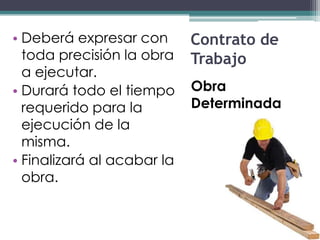 • Deberá expresar con       Contrato de
  toda precisión la obra    Trabajo
  a ejecutar.
• Durará todo el tiempo     Obra
  requerido para la         Determinada
  ejecución de la
  misma.
• Finalizará al acabar la
  obra.
 