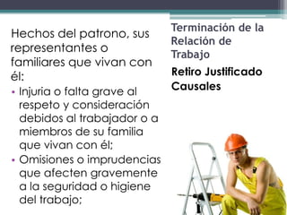 Terminación de la
Hechos del patrono, sus
                              Relación de
representantes o
                              Trabajo
familiares que vivan con
él:                           Retiro Justificado
• Injuria o falta grave al    Causales
  respeto y consideración
  debidos al trabajador o a
  miembros de su familia
  que vivan con él;
• Omisiones o imprudencias
  que afecten gravemente
  a la seguridad o higiene
  del trabajo;
 