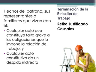 Terminación de la
Hechos del patrono, sus
                             Relación de
representantes o
                             Trabajo
familiares que vivan con
él:                          Retiro Justificado
• Cualquier acto que         Causales
  constituya falta grave a
  las obligaciones que le
  impone la relación de
  trabajo; y
• Cualquier acto
  constitutivo de un
  despido indirecto
 