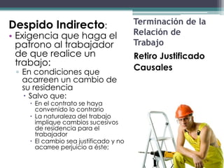 Despido Indirecto:                     Terminación de la
• Exigencia que haga el                Relación de
  patrono al trabajador                Trabajo
  de que realice un                    Retiro Justificado
  trabajo:
 ▫ En condiciones que
                                       Causales
   acarreen un cambio de
   su residencia
    Salvo que:
     En el contrato se haya
      convenido lo contrario
     La naturaleza del trabajo
      implique cambios sucesivos
      de residencia para el
      trabajador
     El cambio sea justificado y no
      acarree perjuicio a éste;
 