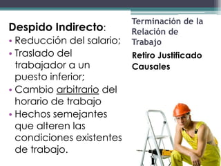 Terminación de la
Despido Indirecto:         Relación de
• Reducción del salario;   Trabajo
• Traslado del             Retiro Justificado
  trabajador a un          Causales
  puesto inferior;
• Cambio arbitrario del
  horario de trabajo
• Hechos semejantes
  que alteren las
  condiciones existentes
  de trabajo.
 