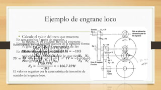 Ejemplo de engrane loco
• Calcule el valor del tren que muestra
la figura. Si el eje que tiene el engrane
A gira a 1750 RPM en sentido de las
manecillas del reloj, calcule la
velocidad y dirección dele je que tiene
el engrane E.
En este caso hay 3 pares de engranes.
Entonces nuestra formula quedara de la siguiente forma:
𝑇𝑉 = −(𝑉𝑅1)(𝑉𝑅2)(𝑉𝑅3)
En función del número de dientes:
𝑇𝑉 = −
𝑁 𝐵
𝑁𝐴
𝑁 𝐷
𝑁𝐶
𝑁𝐸
𝑁 𝐷
∴ 𝑇𝑉 = −(
𝑁 𝐵
𝑁𝐴
)(
𝑁𝐸
𝑁𝐶
)
Sustituyendo los valores:
𝑇𝑉 = −
70
20
50
18
= 3.5 3.0 = −10.5
𝑇𝑉 =
𝑁 𝐴
𝑁 𝐸
𝑁𝐸 =
𝑁 𝐴
𝑇𝑉
𝑁𝐸 =
1750 𝑅𝑃𝑀
−10.5
= −166.7 𝑅𝑃𝑀
El valor es negativo por la característica de inversión de
sentido del engrane loco.
 
