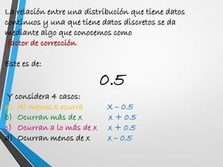 La relación entre una distribución que tiene datos
continuos y una que tiene datos discretos se da
mediante algo que conocemos como
factor de corrección.
Este es de:
0.5
Y considera 4 casos:
a) Al menos x ocurra X – 0.5
b) Ocurran más de x x + 0.5
c) Ocurran a lo más de x x + 0.5
d) Ocurran menos de x x – 0.5
 