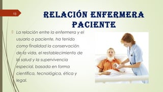 Relación enfeRmeRa
paciente
 La relación entre la enfermera y el
usuario o paciente, ha tenido
como finalidad la conservación
de la vida, el restablecimiento de
la salud y la supervivencia
especial, basada en forma
científica, tecnológica, ética y
legal.
13
 