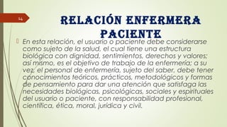 Relación enfeRmeRa
paciente En esta relación, el usuario o paciente debe considerarse
como sujeto de la salud, el cual tiene una estructura
biológica con dignidad, sentimientos, derechos y valores;
así mismo, es el objetivo de trabajo de la enfermería; a su
vez, el personal de enfermería, sujeto del saber, debe tener
conocimientos teóricos, prácticos, metodológicos y formas
de pensamiento para dar una atención que satisfaga las
necesidades biológicas, psicológicas, sociales y espirituales
del usuario o paciente, con responsabilidad profesional,
científica, ética, moral, jurídica y civil.
14
 