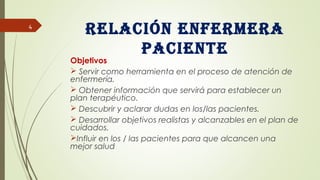 Relación enfeRmeRa
paciente
Objetivos
 Servir como herramienta en el proceso de atención de
enfermería.
 Obtener información que servirá para establecer un
plan terapéutico.
 Descubrir y aclarar dudas en los/las pacientes.
 Desarrollar objetivos realistas y alcanzables en el plan de
cuidados.
Influir en los / las pacientes para que alcancen una
mejor salud
4
 
