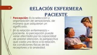 Relación enfeRmeRa
paciente Percepción: Es la selección y
organización de sensaciones, de
manera que adquieran un
significado.
 En la relación enfermera/o –
paciente, la percepción puede
verse afectada por la capacidad
de prestar atención, la perspectiva
que cada uno lleva a la relación,
las condiciones físicas de los
receptores y la ansiedad.
8
 