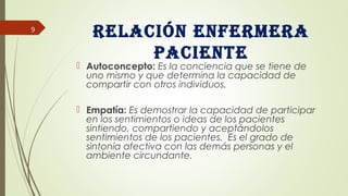 Relación enfeRmeRa
paciente
 Autoconcepto: Es la conciencia que se tiene de
uno mismo y que determina la capacidad de
compartir con otros individuos.
 Empatía: Es demostrar la capacidad de participar
en los sentimientos o ideas de los pacientes
sintiendo, compartiendo y aceptándolos
sentimientos de los pacientes. Es el grado de
sintonía afectiva con las demás personas y el
ambiente circundante.
9
 