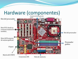 Hardware (componentes)
Slot del procesador
Conectores IDE Slots de memoria
Conector de la fuente de
poder
Slots PCI( donde se
conectan tarjetas de
sonidos).
Slots AGP(conector
de tarjetas gráficas).
Chipset
Slot del procesador
Procesador
gráfico
Batería del CMOS
 