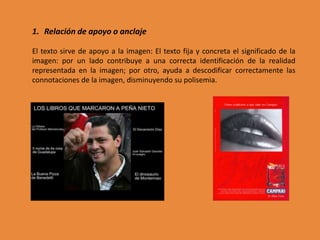 1. Relación de apoyo o anclaje

El texto sirve de apoyo a la imagen: El texto fija y concreta el significado de la
imagen: por un lado contribuye a una correcta identificación de la realidad
representada en la imagen; por otro, ayuda a descodificar correctamente las
connotaciones de la imagen, disminuyendo su polisemia.
 