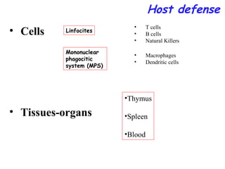 Host defense Cells Tissues-organs Linfocites T cells B cells Natural Killers Thymus Spleen Blood Mononuclear phagocitic system (MPS) Macrophages Dendritic cells 