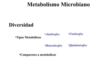 Metabolismo Microbiano Tipos Metabólicos Compuestos a metabolizar  Diversidad  Autótrofos Heterótrofos Fotótrofos Quimiotrofos 