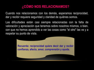 ¿CÓMO NOS RELACIONAMOS?
Cuando nos relacionamos con los demás, esperamos reciprocidad,
dar y recibir requiere seguridad y claridad de quiénes somos.
Las dificultades están casi siempre relacionadas con la falta de
valoración y apreciación que tenemos sobre nosotros mismos, o bien,
con que no hemos aprendido a ver las cosas como "el otro" las ve y a
respetar su punto de vista.
Recuerda: reciprocidad quiere decir dar y recibir
confianza, afecto, amor, comprensión y ayuda.
 