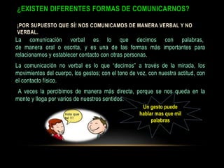 ¿EXISTEN DIFERENTES FORMAS DE COMUNICARNOS?
¡POR SUPUESTO QUE SÍ! NOS COMUNICAMOS DE MANERA VERBAL Y NO
VERBAL.
La comunicación verbal es lo que decimos con palabras,
de manera oral o escrita, y es una de las formas más importantes para
relacionarnos y establecer contacto con otras personas.
La comunicación no verbal es lo que “decimos” a través de la mirada, los
movimientos del cuerpo, los gestos; con el tono de voz, con nuestra actitud, con
el contacto físico.
A veces la percibimos de manera más directa, porque se nos queda en la
mente y llega por varios de nuestros sentidos.
Un gesto puede
hablar mas que mil
palabras
 