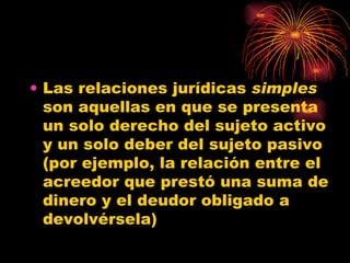 Las relaciones jurídicas  simples  son aquellas en que se presenta un solo derecho del sujeto activo y un solo deber del sujeto pasivo (por ejemplo, la relación entre el acreedor que prestó una suma de dinero y el deudor obligado a devolvérsela)  
