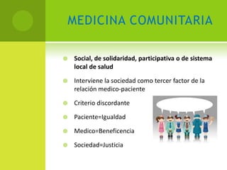 MEDICINA COMUNITARIA

   Social, de solidaridad, participativa o de sistema
    local de salud

   Interviene la sociedad como tercer factor de la
    relación medico-paciente

   Criterio discordante

   Paciente=Igualdad

   Medico=Beneficencia

   Sociedad=Justicia
 