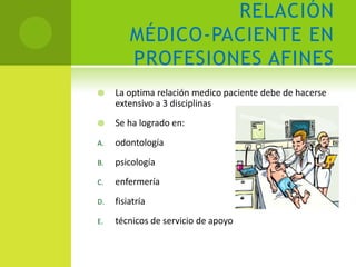 RELACIÓN
         MÉDICO-PACIENTE EN
         PROFESIONES AFINES
    La optima relación medico paciente debe de hacerse
     extensivo a 3 disciplinas
    Se ha logrado en:
A.   odontología
B.   psicología
C.   enfermería
D.   fisiatría
E.   técnicos de servicio de apoyo
 