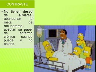 CONTRASTE 
• No tienen deseo 
de aliviarse, 
abandonan la 
meta de 
recuperarse, 
aceptan su papel 
de enfermo 
crónico cuando 
puede o no 
estarlo. 
 