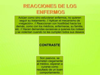 Actúan como sino estuvieran enfermos, no quieren 
seguir su tratamiento. // Aplican el mecanismo de 
«negación». // Reaccionan con hostilidad hacia los 
demás, como con los médicos, enfermeras, su familia, 
etc. // Hacen demandas excesivas a quienes los rodean 
y se violentan cuando no les cumplen todos sus deseos 
CONTRASTE 
Son pasivos, se 
someten ciegamente 
al médico, esperan a 
curarse como 
resultado de un buen 
comportamiento 
 