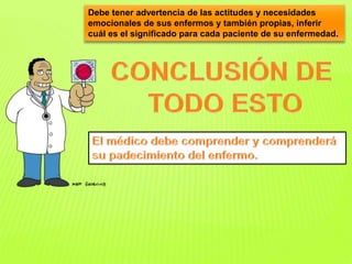 Debe tener advertencia de las actitudes y necesidades 
emocionales de sus enfermos y también propias, inferir 
cuál es el significado para cada paciente de su enfermedad. 
 