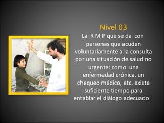 Nivel 03 La  R M P que se da  con  personas que acuden voluntariamente a la consulta por una situación de salud no urgente: como  una enfermedad crónica, un chequeo médico, etc. existe suficiente tiempo para entablar el diálogo adecuado  