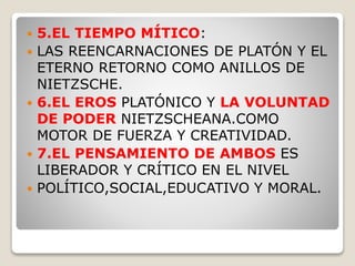  5.EL TIEMPO MÍTICO:
 LAS REENCARNACIONES DE PLATÓN Y EL
ETERNO RETORNO COMO ANILLOS DE
NIETZSCHE.
 6.EL EROS PLATÓNICO Y LA VOLUNTAD
DE PODER NIETZSCHEANA.COMO
MOTOR DE FUERZA Y CREATIVIDAD.
 7.EL PENSAMIENTO DE AMBOS ES
LIBERADOR Y CRÍTICO EN EL NIVEL
 POLÍTICO,SOCIAL,EDUCATIVO Y MORAL.
 