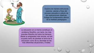 Explora de manera estructural,
esencia, valores y fines del
proceso educativo a efecto de
dar explicaciones objetivas.
Indaga los fundamentos últimos
de la realidad pedagógica
La educación en si misma constituye un
problema filosófico, por tanto, los más
grandes filósofos de todos los tiempos,
desde la antigüedad más remota, se han
ocupado tanto de plantear el tema de la
educación como de su abordaje en las
más diferentes situaciones y niveles.
 