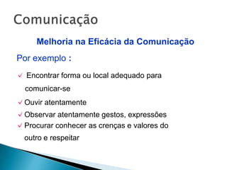 Melhoria na Eficácia da Comunicação
Por exemplo :
✓ Encontrar forma ou local adequado para
comunicar-se
✓Ouvir atentamente
✓Observar atentamente gestos, expressões
✓Procurar conhecer as crenças e valores do
outro e respeitar
 