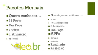 +
    Pacotes Mensais
    n Quero           conhecer…   n    Gostei quero continuar….

    n  12 Posts                   n    30 Post

                                   n    4 Artigos (Blogueiro)
    n  Fan Page                   n    2 Anúncios
    n    2 Artigos                n  Fan         Page
    n 1     Anúncio               n APPs
    n    R$ 1000,00               n    Equipe
                                   n    Relatórios

                                   n  Resultado
                                   n    R$ 3500,00
 