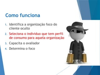 Como funciona
1. Identifica a organização foco do
cliente oculto
2. Seleciona o individuo que tem perfil
de consumo para aquela organização
3. Capacita o avaliador
4. Determina o foco
 