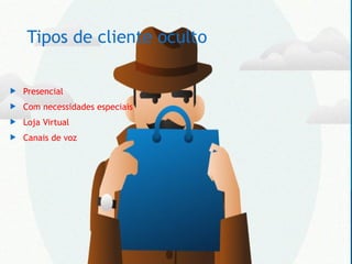 Tipos de cliente oculto
 Presencial
 Com necessidades especiais
 Loja Virtual
 Canais de voz
 