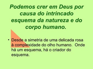 Podemos crer em Deus por causa do intrincado esquema da natureza e do corpo humano.   Desde a simetria de uma delicada rosa à complexidade do olho humano.  Onde há um esquema, há o criador do esquema. 